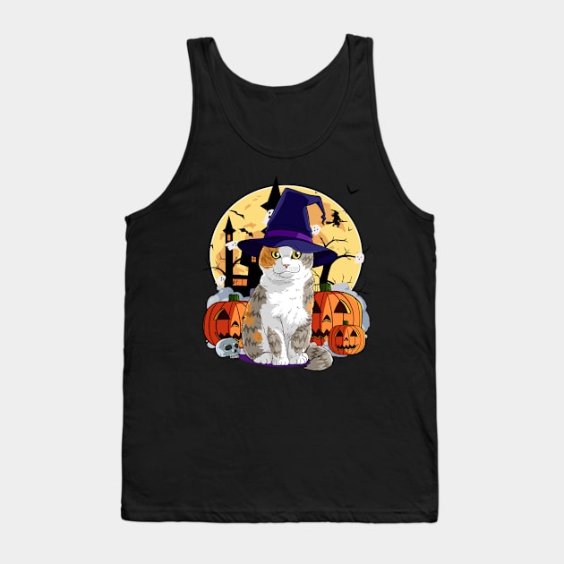 Scottish Fold Cat Funny Halloween Witch Pumpkin Tank Top by Noseking